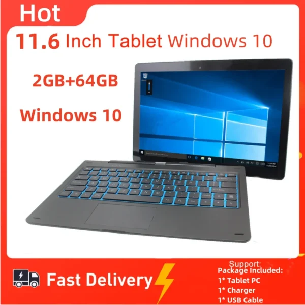11.6'' Windows 10 Tablet PC 2GBDDR+64GB 2in1 With Docking Keyboard Z3735G CPU 1366*768 IPS Screen Quad Core G12 Dual Camera